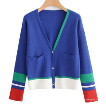 OEM wholesale spring cashmere coats women fashion navy blue mix color custom cardigan sweater short crop top mujer for ladys